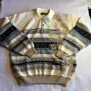 VTG Camela Mens Fair Isle Snowflake Knit Polo Sweater Lambswool Acrylic Size 40
